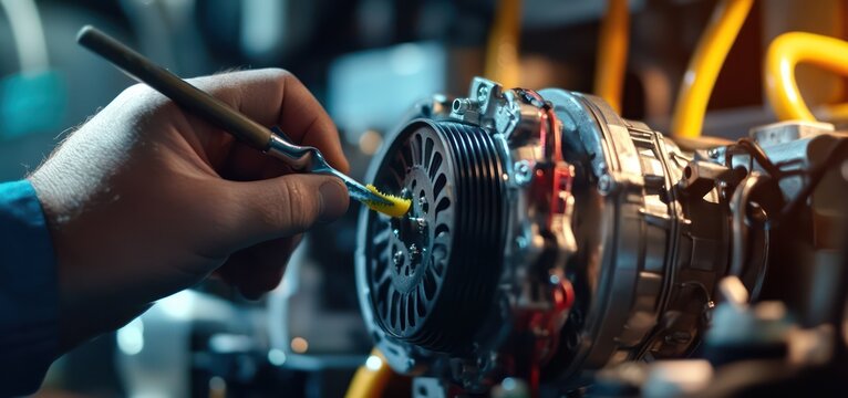 close-up of a technician repairing and maintaining a car's AC machine
