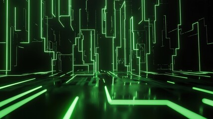 Fototapeta premium A futuristic black background with glowing neon circuit lines in bright green