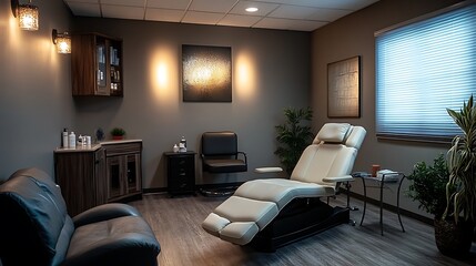 Modern, calming treatment room with comfortable recliner, cabinetry, and plants.