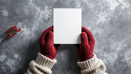 Two hands in knit gloves or mittens holding a blank white card 5x7 A2 A7 greeting card for christmas or winter holiday envelope stationery for graphic design mockup