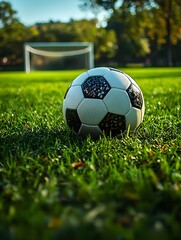 Fototapeta premium A soccer ball lies on the grass with a goal post in the background