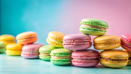 Fototapeta premium Pastel-colored macarons arranged in a visually appealing pyramid on a light teal surface against a soft blue and pink backdrop