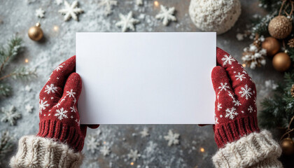 Two hands in knit gloves or mittens holding a blank white card 5x7 A2 A7 greeting card for christmas or winter holiday envelope stationery for graphic design mockup
