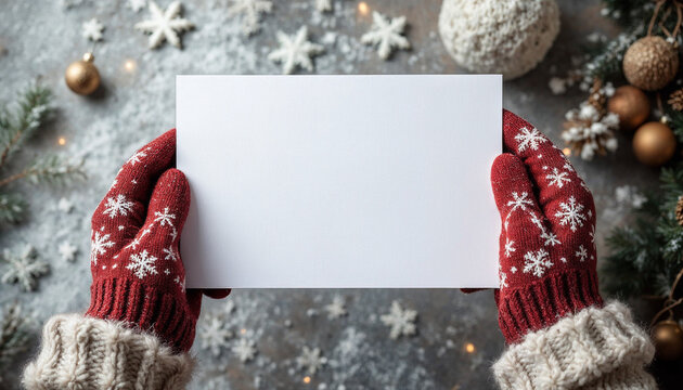 Two hands in knit gloves or mittens holding a blank white card 5x7 A2 A7 greeting card for christmas or winter holiday envelope stationery for graphic design mockup