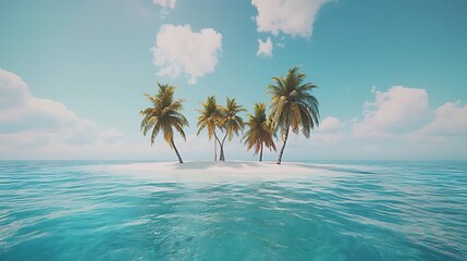 Fototapeta premium A small island with palm trees and a white sandy beach in a clear blue ocean under a bright summer sky.