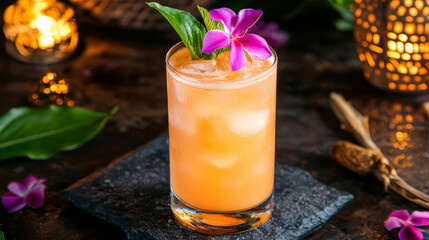 Refreshing tropical drink with vibrant flower garnish.