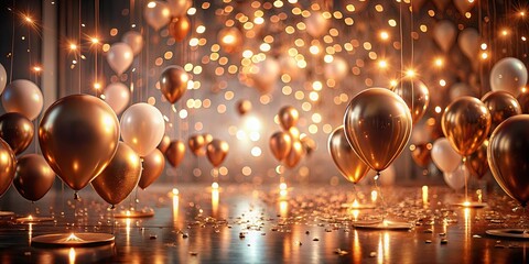 Elegant Celebration Golden and Ivory Balloons with Sparkling Lights and Confetti on a Reflective Floor