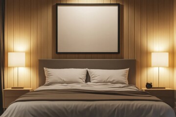 Minimalist bedroom with vertical striped wall, bed, and blank poster frame mockup, featuring modern interior design in light beige tones.