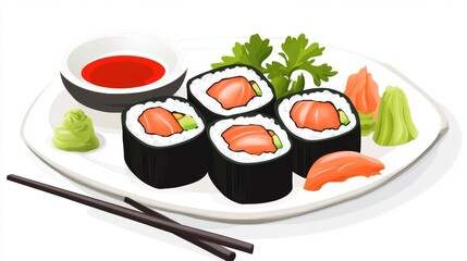 Fresh Salmon Sushi Rolls with Wasabi and Soy Sauce on a Plate