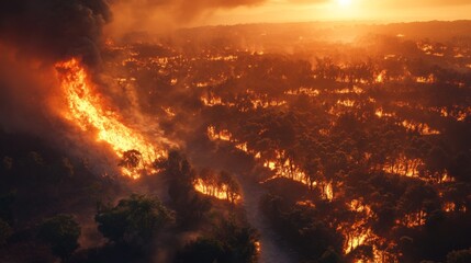 Naklejka premium Forest Fire Spreading Rapidly Through Dense Woodland at Sunset