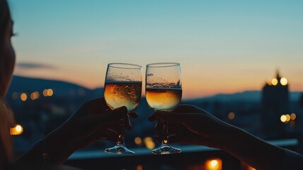 A casual after-work moment with colleagues clinking glasses at a rooftop bar