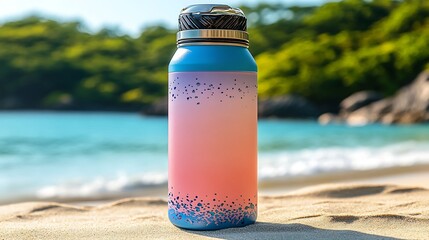Insulated water bottle on sandy beach, tropical background.