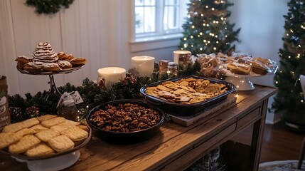 A cozy winter food table with a hot cocoa station, baked goods, roasted nuts, and warm casseroles surrounded by holiday decor 
