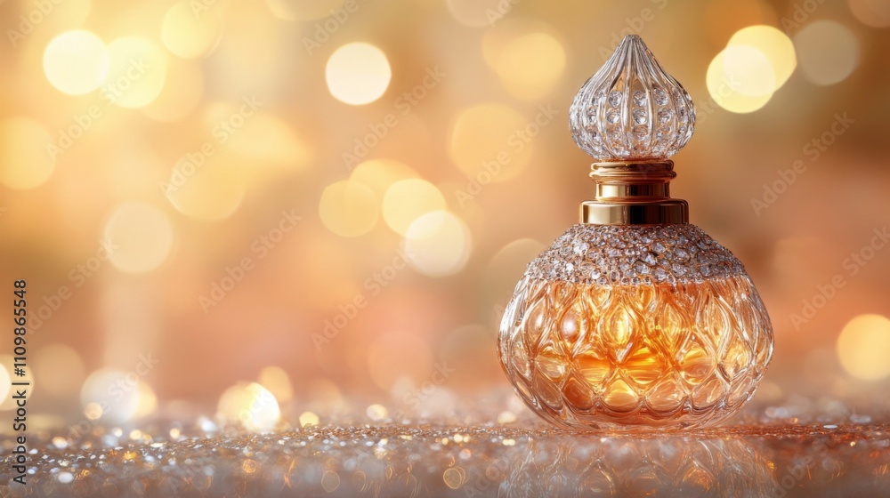 Poster elegant vintage perfume bottle with sparkling golden bokeh background