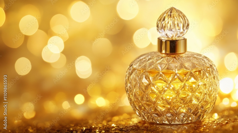 Poster elegant glass perfume bottle with golden background and bokeh effect