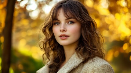 Naklejka premium Portrait of a young woman with wavy brown hair, soft gaze, and blurred autumn background. Natural light, fair complexion, light coat, calm vibe.