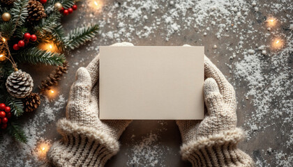 Two hands in knit gloves or mittens holding a blank white card 5x7 A2 A7 greeting card for christmas or winter holiday envelope stationery for graphic design mockup