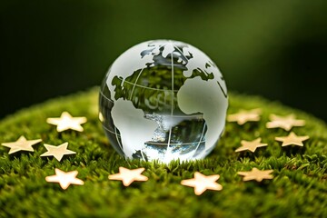 A glass globe with "CSRD" superimposed rests on moss, surrounded by yellow stars, suggesting a connection between the CSRD and environmental sustainability within the EU.