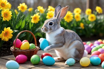Easter Bunny Gathering Vibrant Eggs in Sunny Garden
