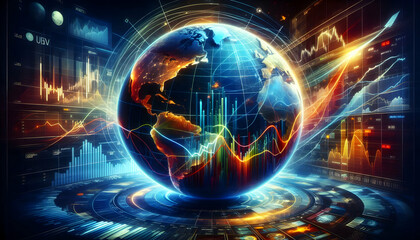 Fototapeta premium AI A vibrant 3D globe with streams of financial data and rising charts encircling its surface (3)