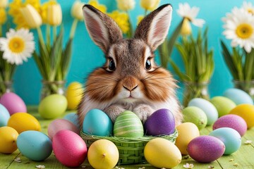 Adorable Furry Easter Bunny Peeking from a Colorful Spring Landscape
