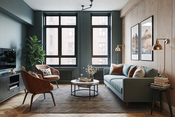 Fototapeta premium Stylish Urban Apartment Seating Area Mockup Featuring Modern Furniture and Cozy Decor