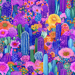 Seamless pattern of abstract cactus in modern style. Floral hand draw print. Bright neon color background.