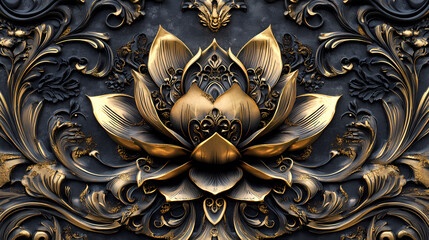 Intricate golden and black lotus flower motif with detailed filigree and ornate embellishments on a sculptural surface. Sculptural. Illustration