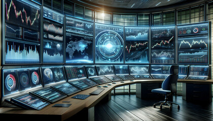 Obraz premium AI A dynamic control center for online trading with curved screens tracking real-time indices