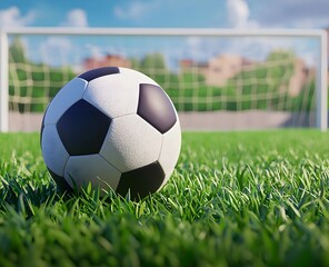 Fototapeta premium A soccer ball lies on the grass with a goal post in the background