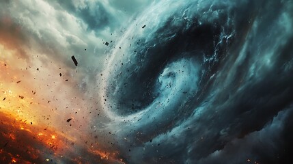 Fototapeta premium Apocalyptic swirling vortex of dark clouds and fire, debris flying.