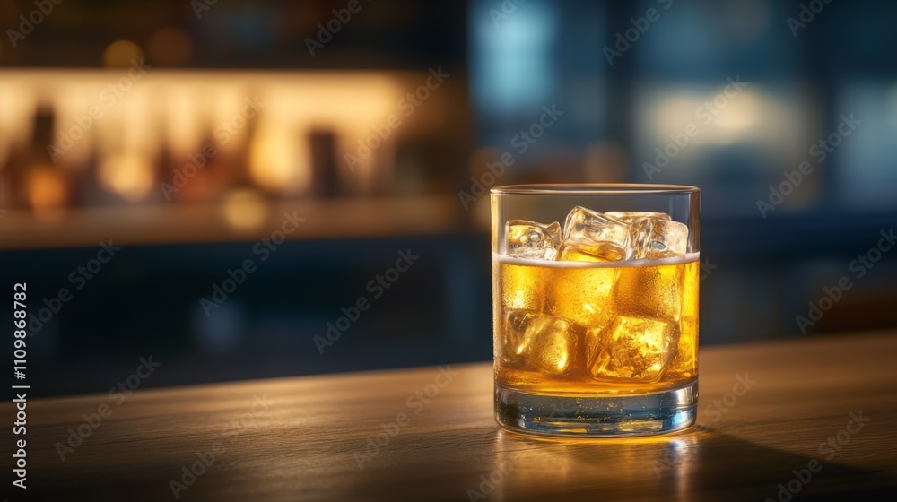 Poster Refreshing Glass of Whiskey with Ice Cubes on a Bar Counter