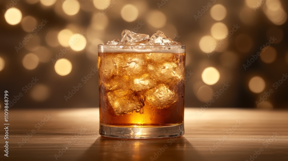 Poster Glass of Refreshing Brown Beverage with Ice and Bokeh Background