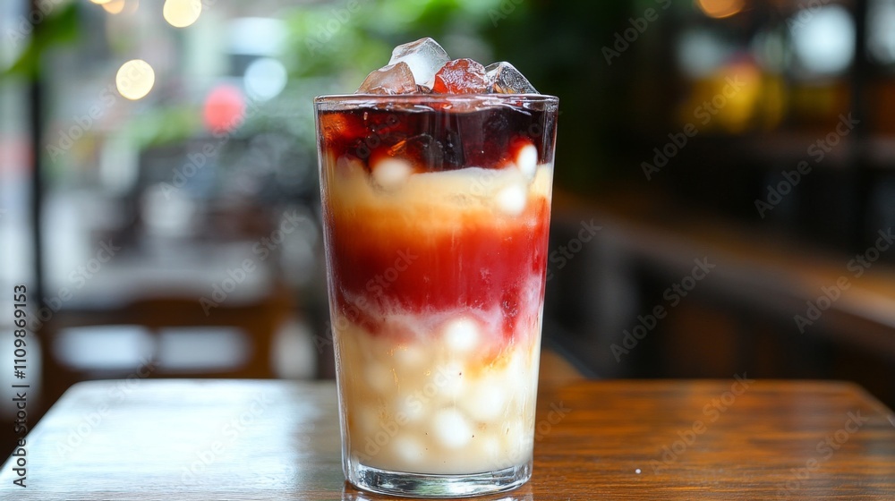Poster colorful layered drink with ice and toppings in cafe setting