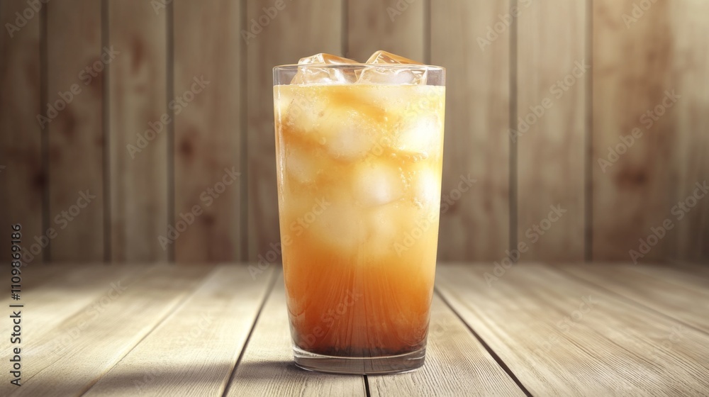 Poster refreshing iced beverage with ice cubes on rustic wooden table