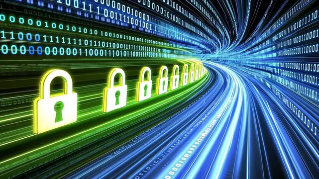 Abstract digital security concept. Padlocks moving through binary code data stream.  Cybersecurity, data protection, encryption.