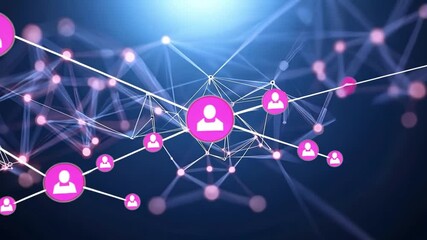 Abstract network connection concept. Pink nodes represent people linked by digital lines.  Ideal for technology, social media, or business backgrounds.