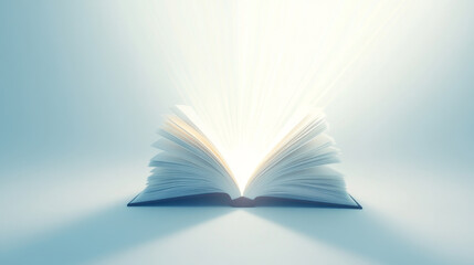 Open book with glowing light emanating from its pages, symbolizing knowledge and inspiration. soft background enhances ethereal feel