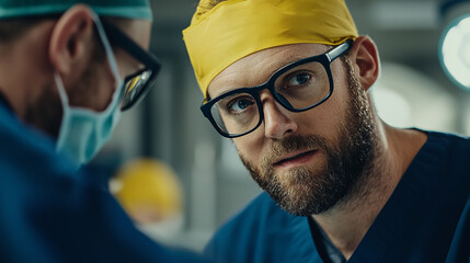 Medical project brainstorming concept. Surgeons collaborating in modern operating room, focused and determined