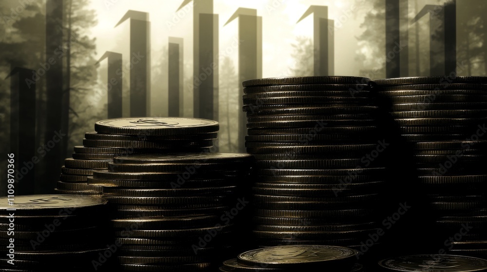 Aufkleber Stacks of Coins with Abstract Financial Growth in Background