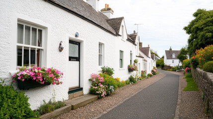 Obraz premium Charming narrow cobblestone street lined with quaint cottages adorned with vibrant flower boxes, creating picturesque and inviting atmosphere