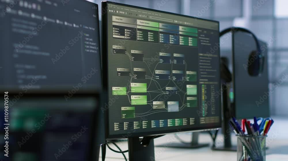 Poster close up of computer displays in empty data center establishment monitoring hardware energy consumpt