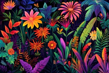 Colorful tropical flowers and lush green foliage on a dark background, creating a vibrant and lively garden scene. Nature and floral design concept.