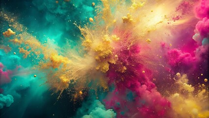 Fototapeta premium Abstract Colorful Powder Explosion A Vibrant Swirl of Gold, Teal, and Pink Hues