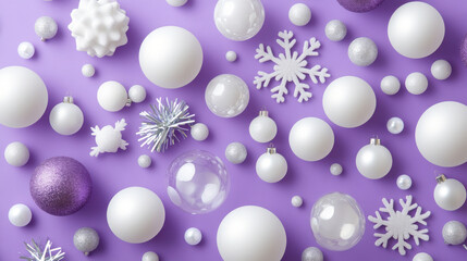 Fototapeta premium festive arrangement of white and purple Christmas ornaments, including snowflakes, baubles, and glittery decorations, set against lavender background