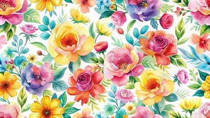Vibrant Watercolor Floral Pattern Featuring a Lush Abundance of Roses, Daisies, and Other Blooming Flowers in a Seamless Design Ideal for Textile Prints and Backgrounds