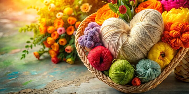 Heart-shaped yarn nestled in a wicker basket surrounded by vibrant blooms and colorful yarn balls