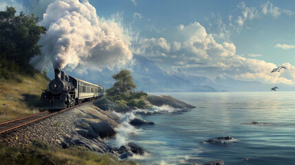 Fototapeta premium A train running on the sea, a retro train