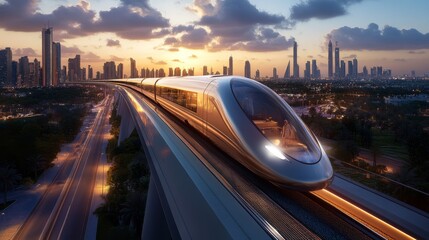 Futuristic High-Speed Train Gliding Through Urban Landscape at Sunset