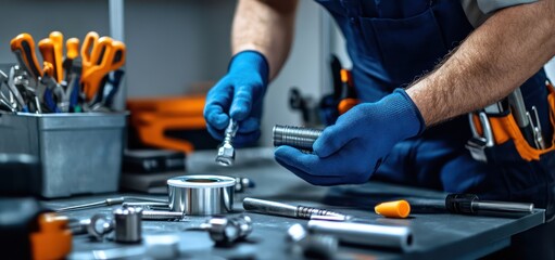  close-up of plumber's hands applying Teflon tape to pipe